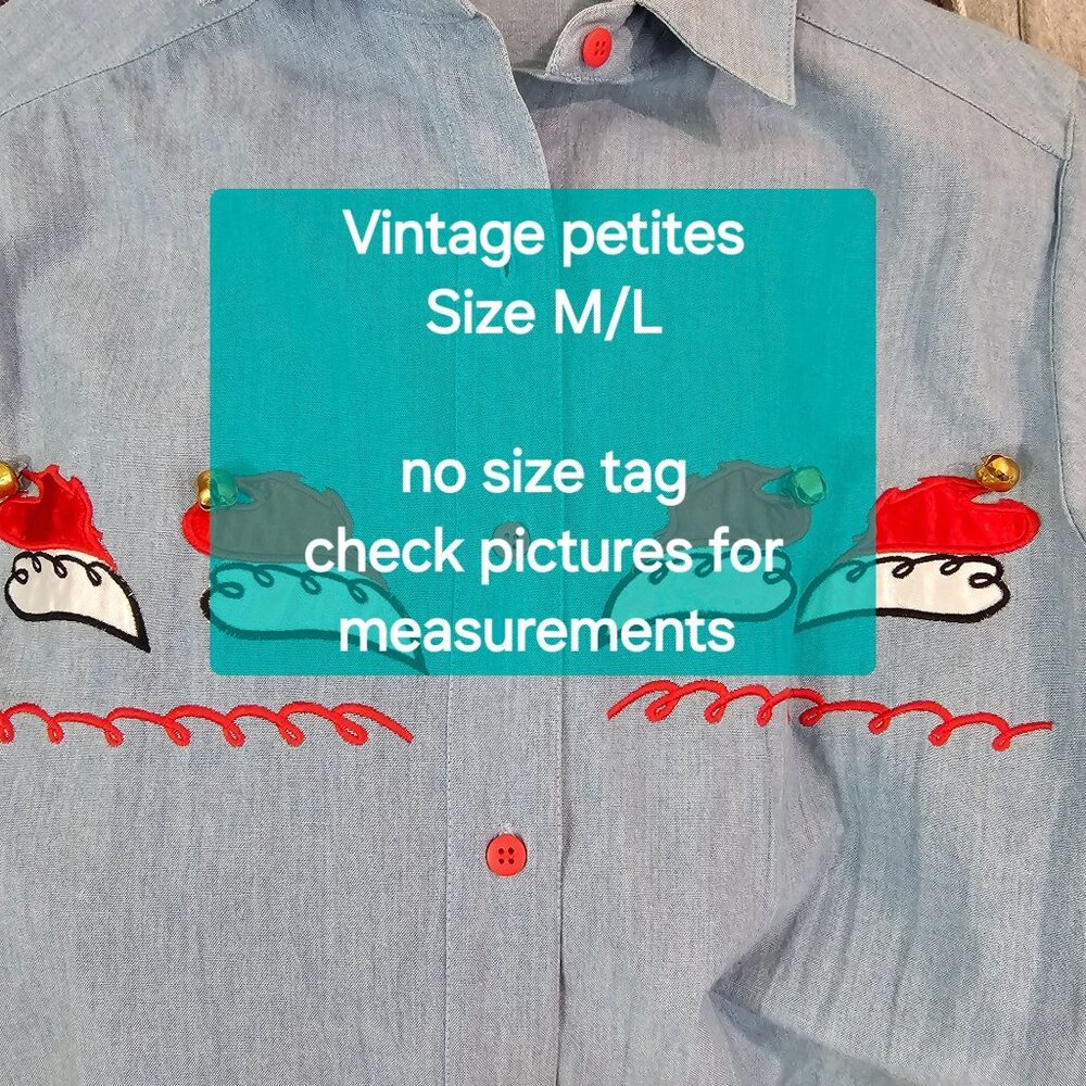 Womens Sz M/L P Blue Cotton Christmas Button Up Shirt Holidays Bells Festive - Picture 12 of 12